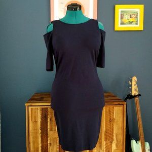 Vince Camuto Knit Bodycon Cold Shoulder Pencil Dress with Stretch, Gold accents